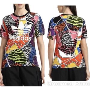 Adidas Rich Mnisi Women Large Multicolor Shirt Animal Print Allover Trefoil Logo
